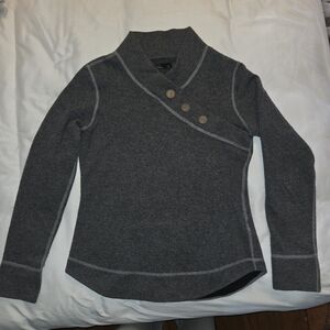 Prana Wool Blend Crossneck Sweater with Buttons And Contrast Stitching